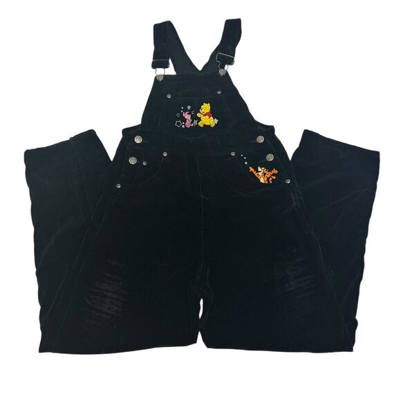 Vintage 90s Winnie the Pooh Black Velvet Velour Embroidered Overalls Sz 10/12 - Picture 1 of 16